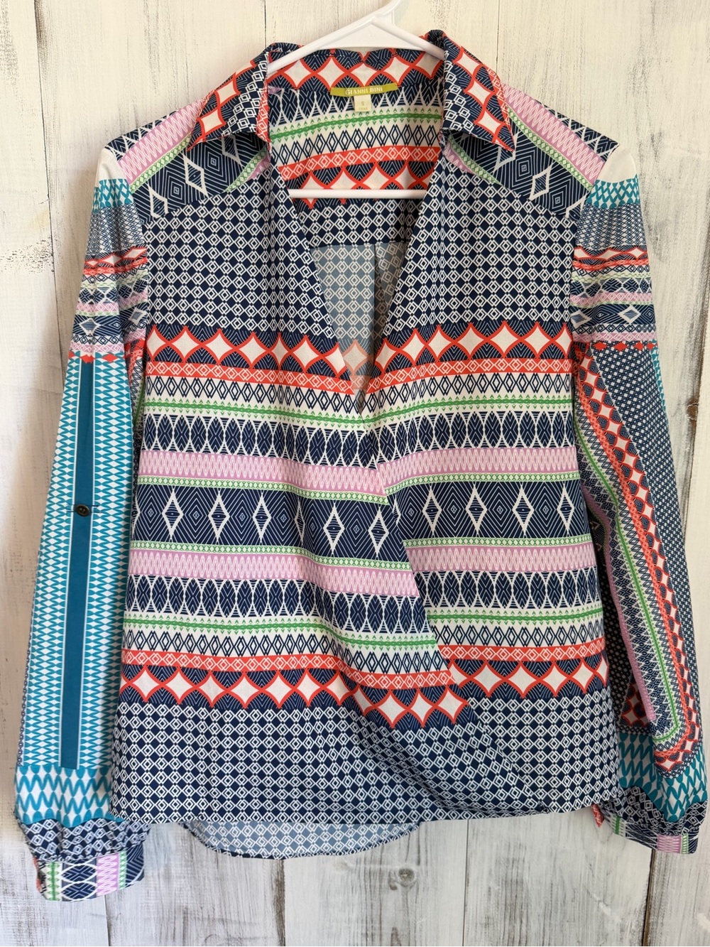 Gianni Bini Navy Multicolor Geometric Print Blouse